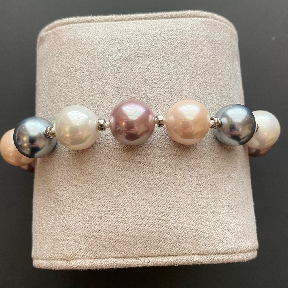 Multi-Colored Pearl and Silver Bracelet With Toggle Clasp